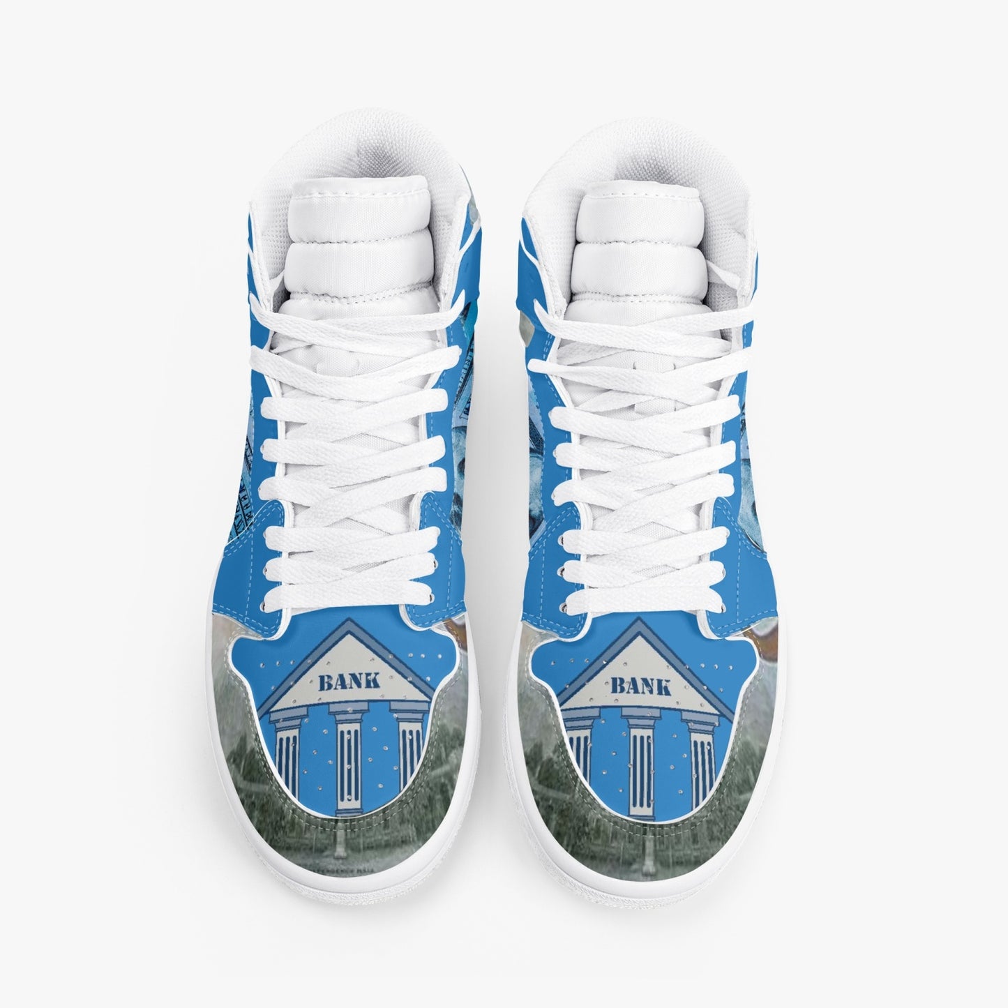 Blue "Star Notes"-  High-Top Leather Sneakers - Blue/White Sole