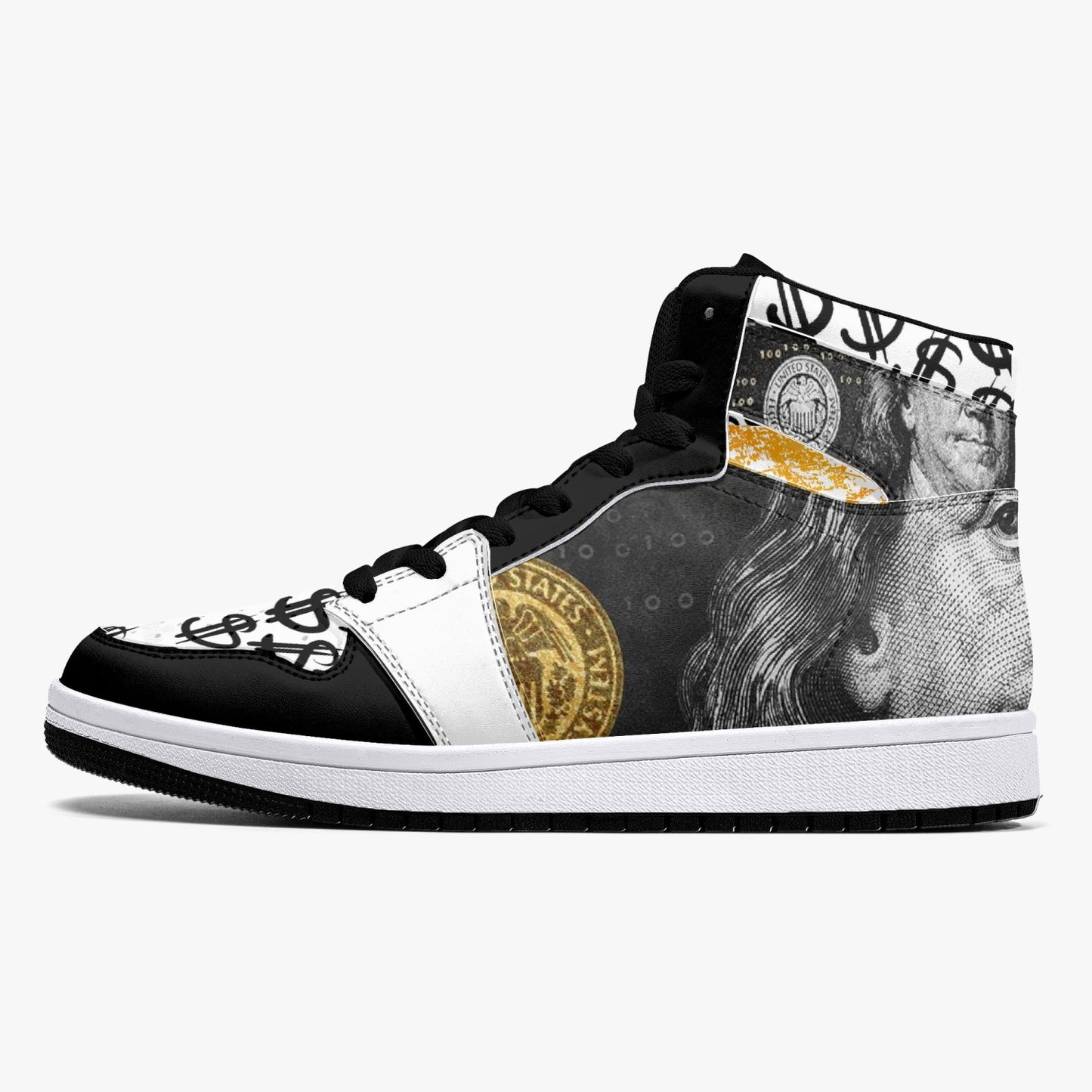 Black / Gold Dollars - High-Top Leather Sneakers - White / Black Sole