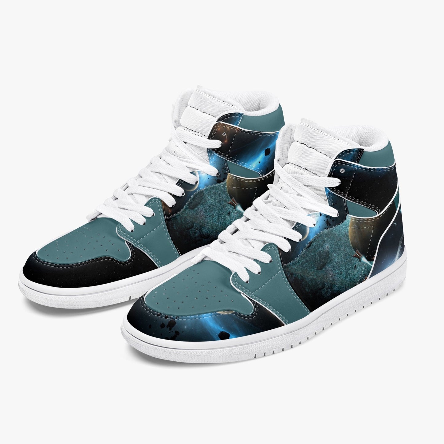 Blue Planets High-Top Leather Sneakers - Blue / White Sole