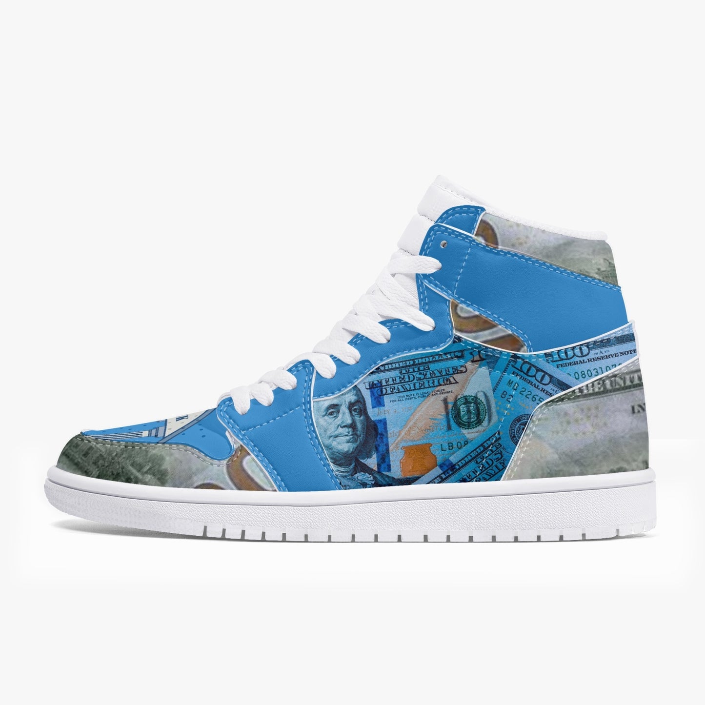 Blue "Star Notes"-  High-Top Leather Sneakers - Blue/White Sole