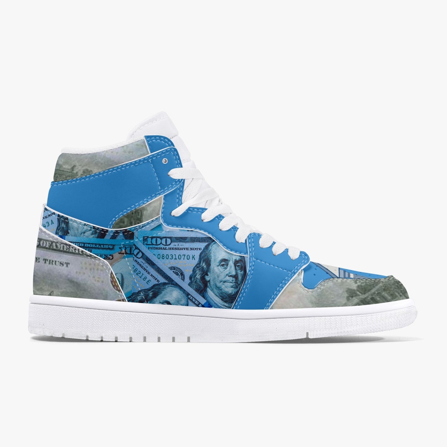 Blue "Star Notes"-  High-Top Leather Sneakers - Blue/White Sole