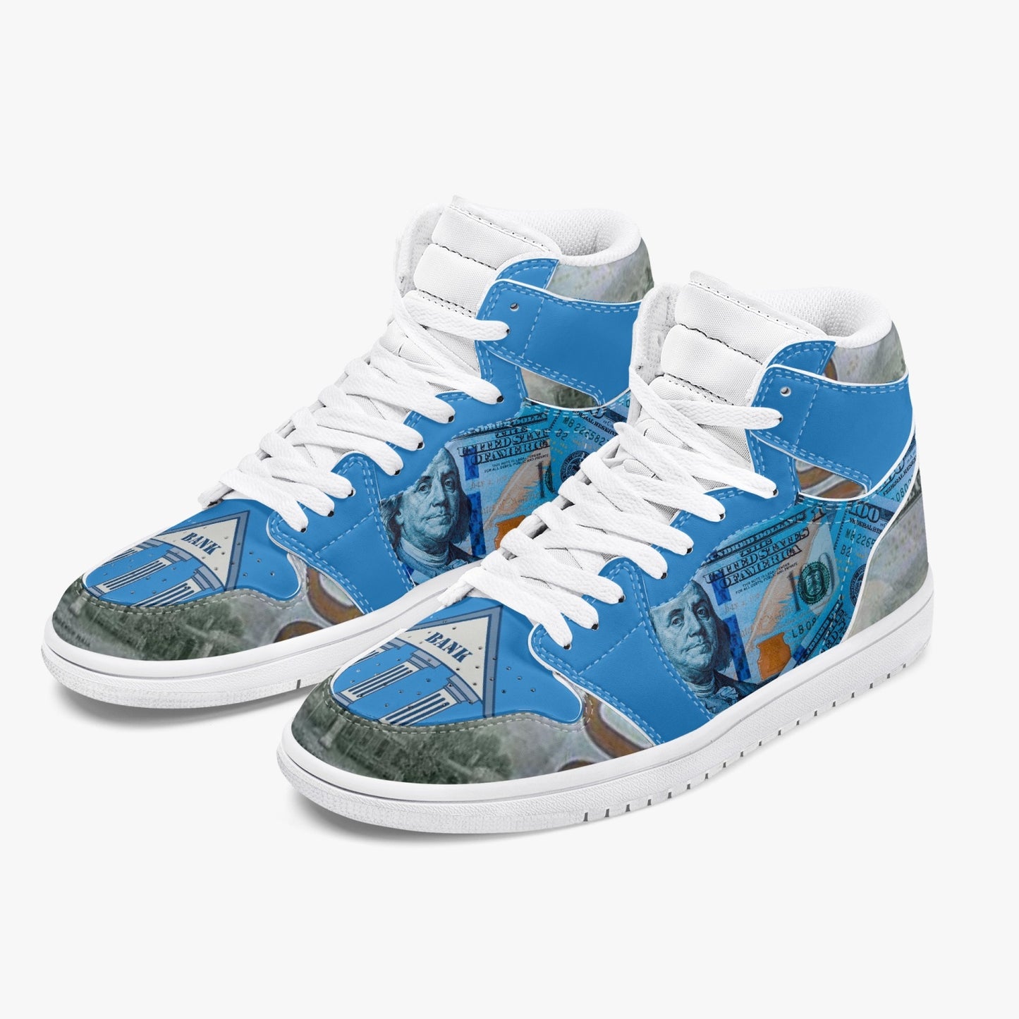 Blue "Star Notes"-  High-Top Leather Sneakers - Blue/White Sole