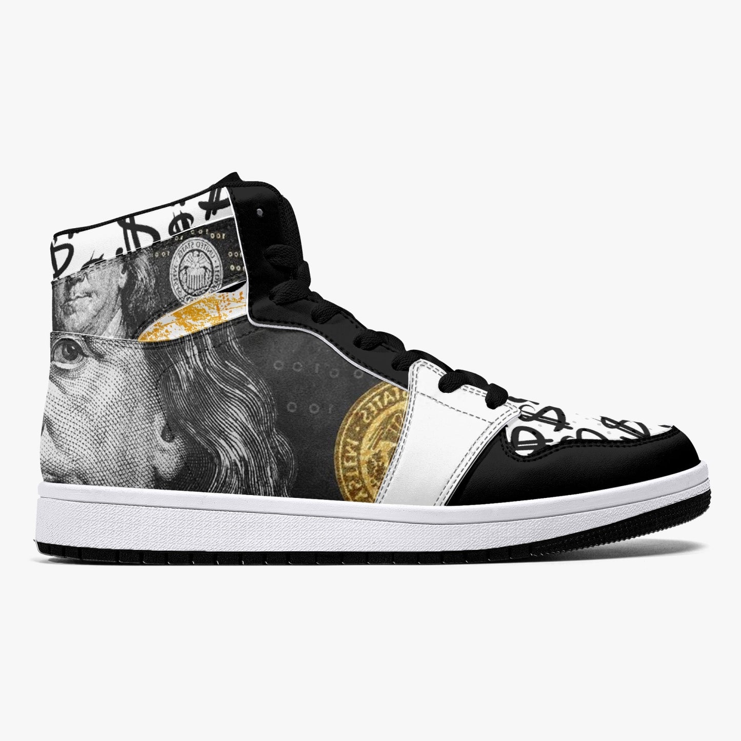 Black / Gold Dollars - High-Top Leather Sneakers - White / Black Sole