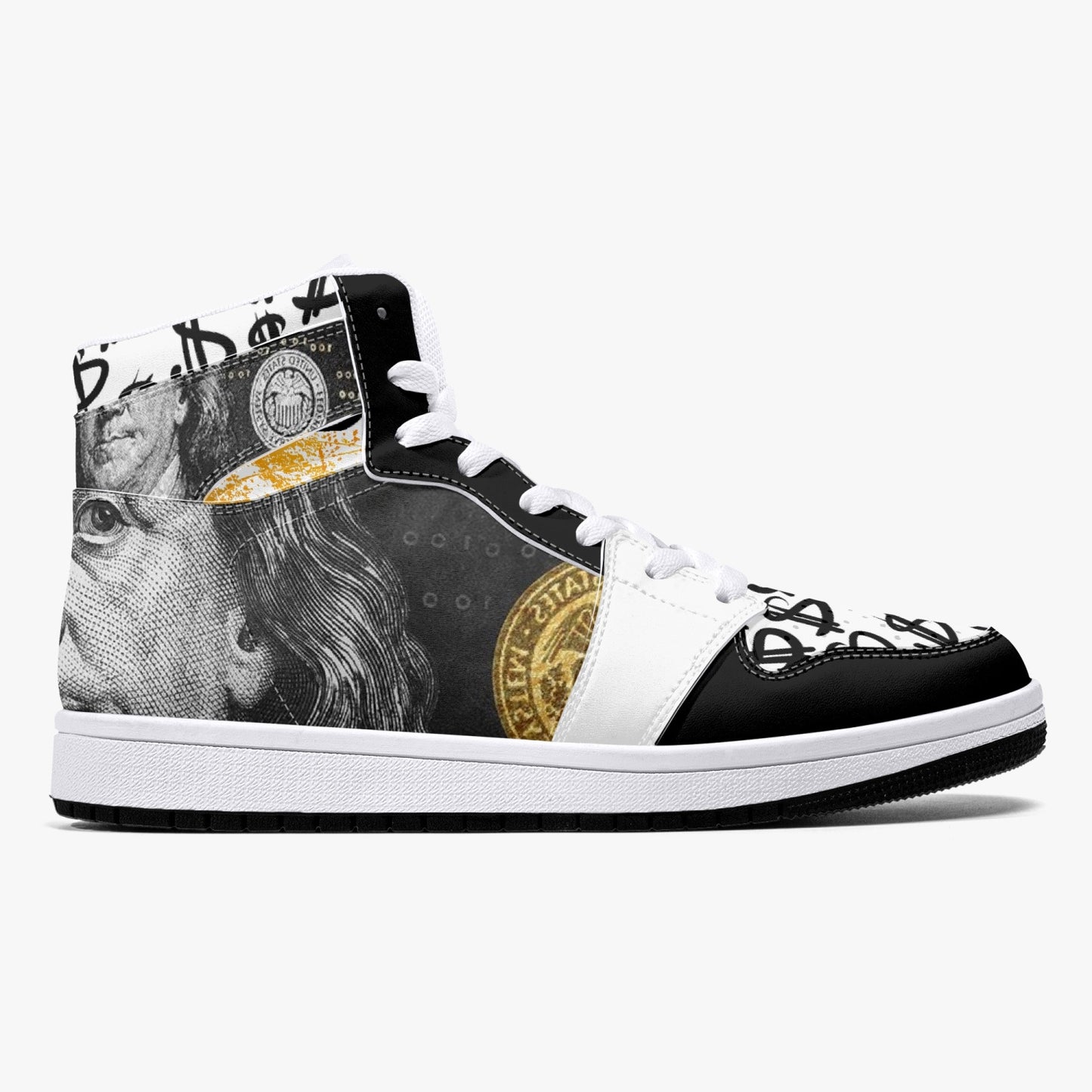 Black / Gold Dollars - High-Top Leather Sneakers - White / Black Sole