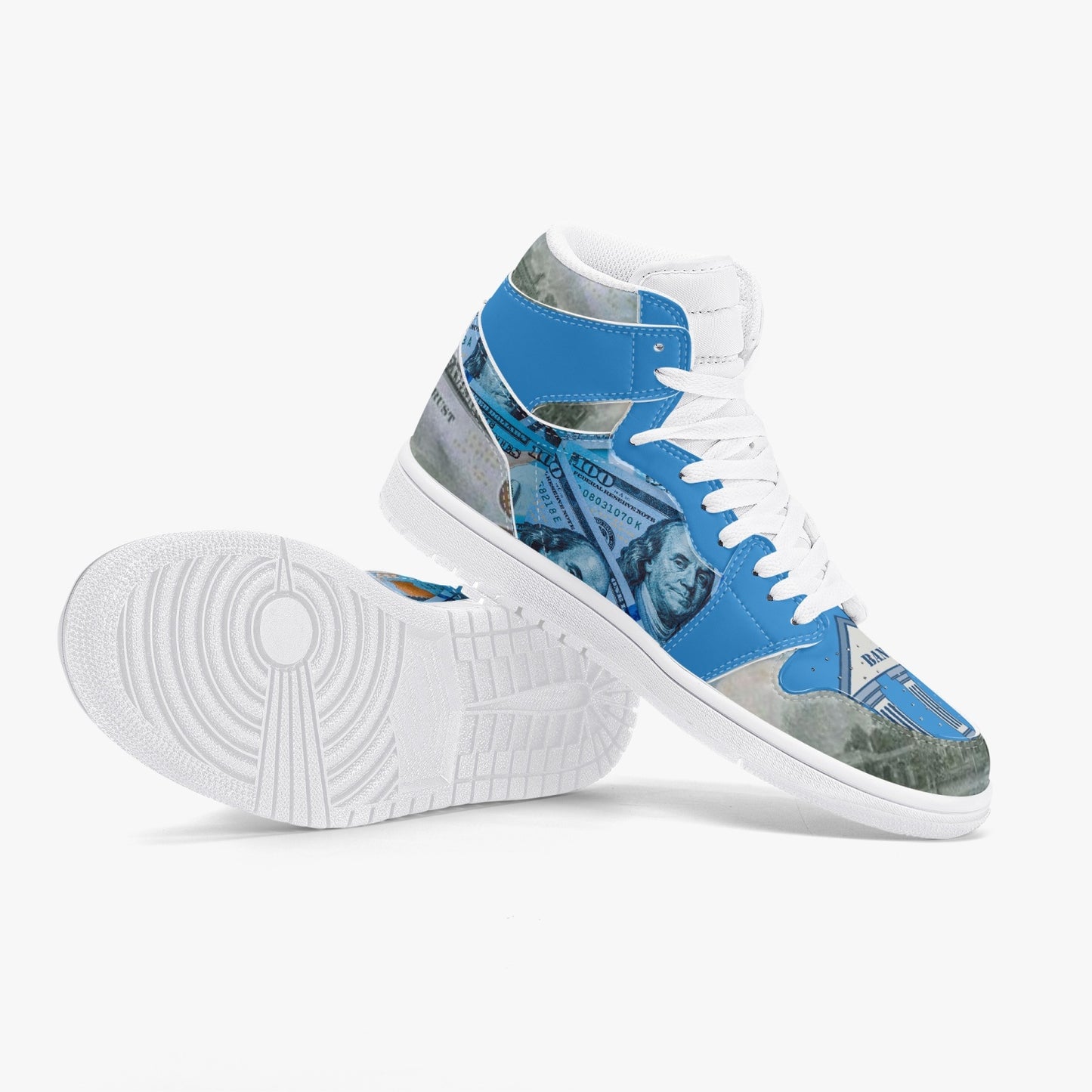 Blue "Star Notes"-  High-Top Leather Sneakers - Blue/White Sole