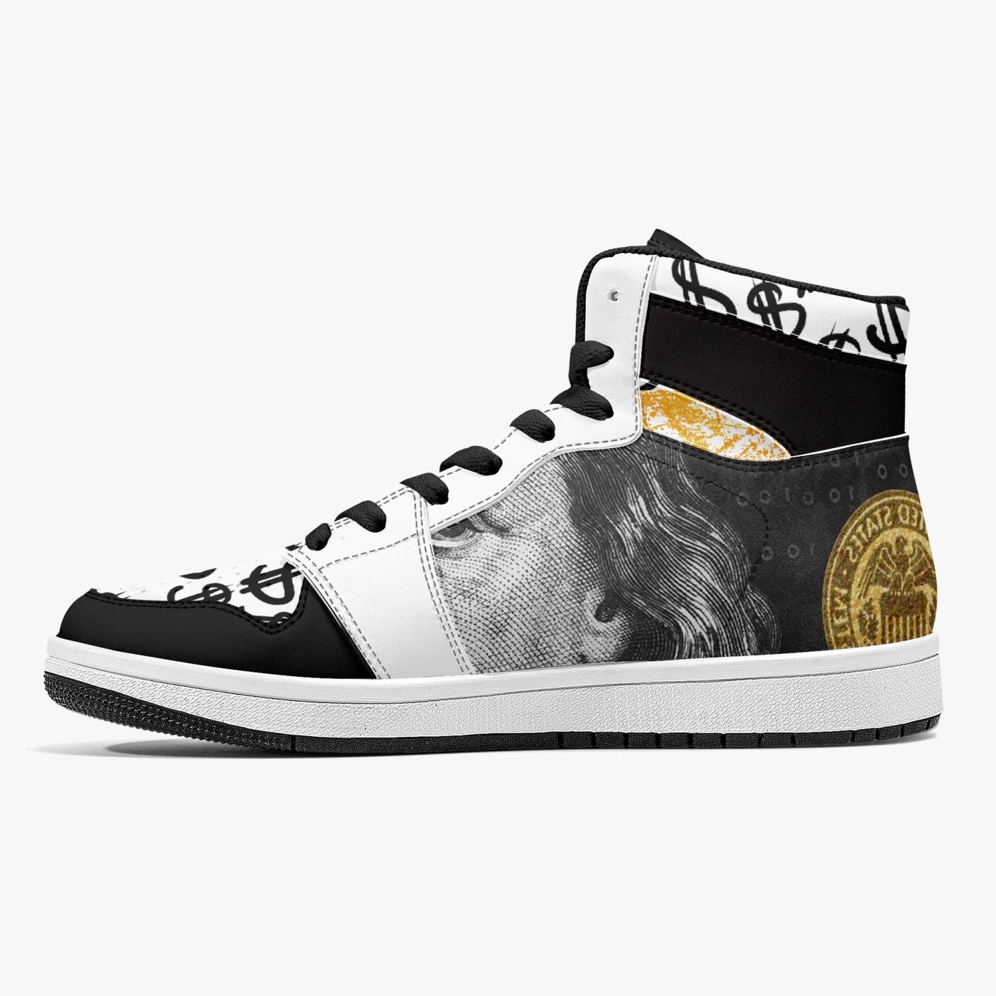 Black / Gold Dollars - High-Top Leather Sneakers - White / Black Sole